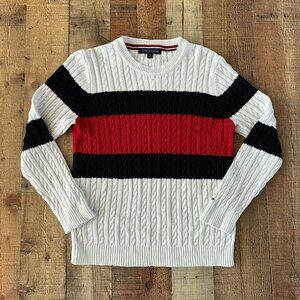 Tommy Hilfiger XL Cable Knit Sweater Red & Black Stripes Boys Cozy Winter Wear